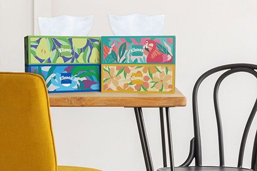 Kleenex® Trusted Care® Rectangle Boxes on a kitchen table 